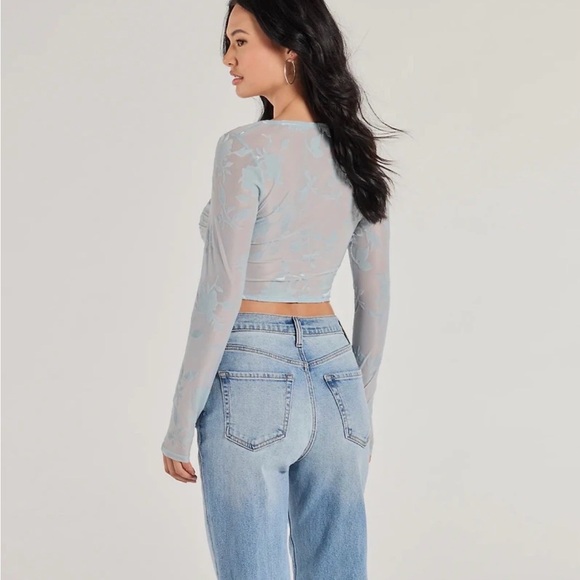 Windsor Flocked Floral Mesh Long Sleeve Corset Sky Blue Top NWOT - Picture 3 of 10